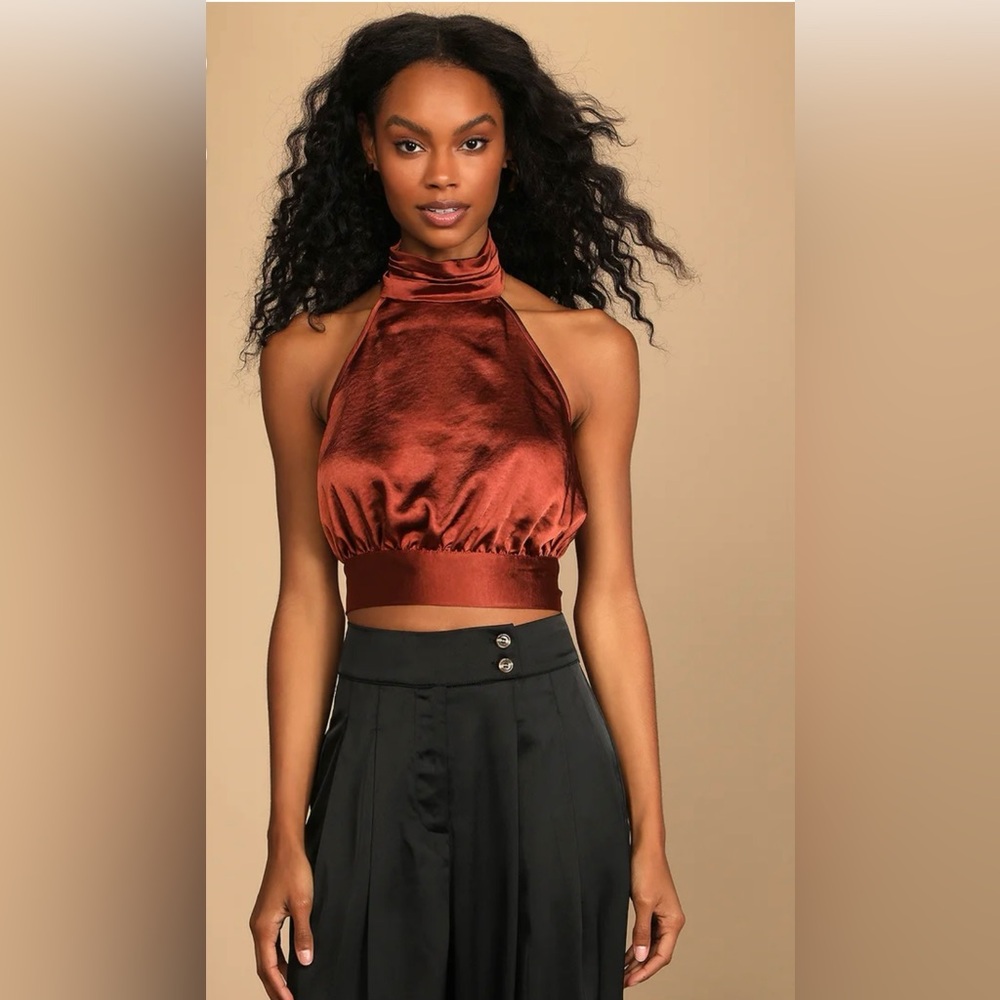 Lulus Spectacular Night Brown Satin Halter Crop Top